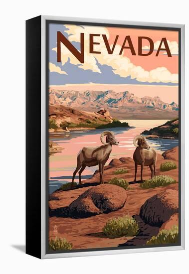 Nevada - Bighorn Sheep-Lantern Press-Framed Stretched Canvas