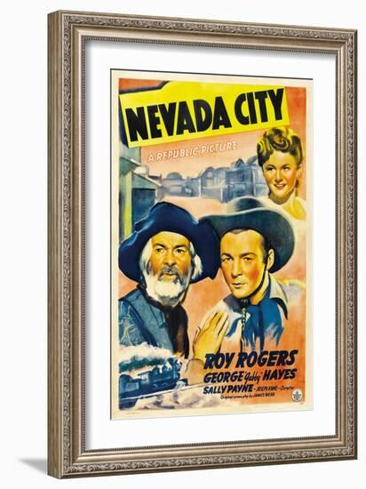 NEVADA CITY, from left: George 'Gabby' Hayes, Roy Rogers, Sally Payne, 1941.-null-Framed Art Print