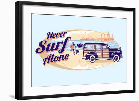 Never Surf Alone-Dog is Good-Framed Art Print