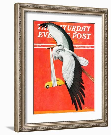 "New Born Automobile," Saturday Evening Post Cover, November 12, 1938-John E. Sheridan-Framed Giclee Print