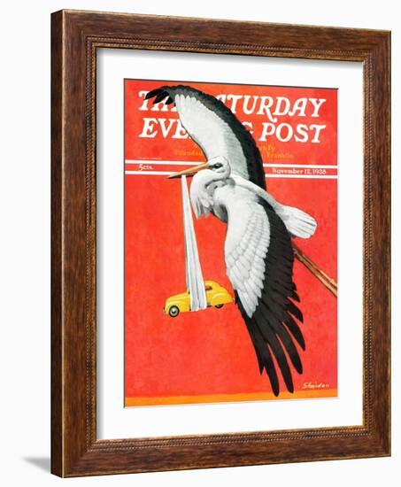 "New Born Automobile," Saturday Evening Post Cover, November 12, 1938-John E. Sheridan-Framed Giclee Print