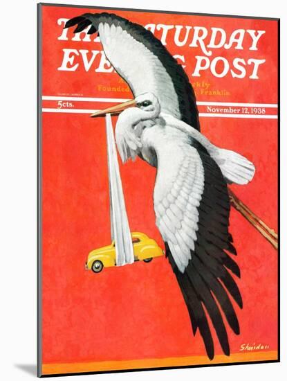 "New Born Automobile," Saturday Evening Post Cover, November 12, 1938-John E. Sheridan-Mounted Giclee Print