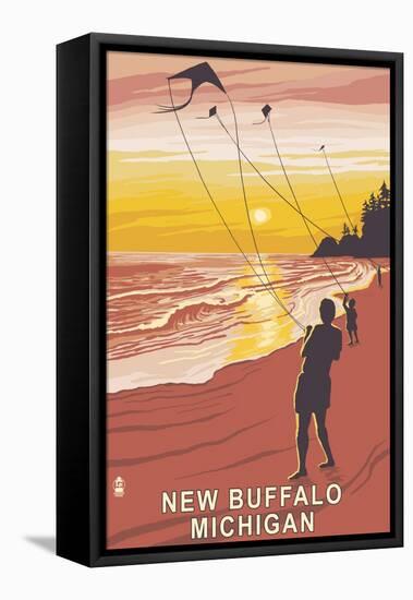 New Buffalo, Michigan - Beach and Kites-Lantern Press-Framed Stretched Canvas