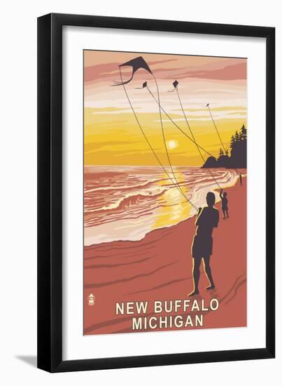 New Buffalo, Michigan - Beach and Kites-Lantern Press-Framed Art Print