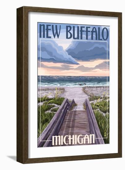 New Buffalo, Michigan - Beach Scene-Lantern Press-Framed Art Print