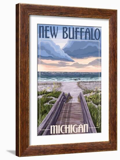 New Buffalo, Michigan - Beach Scene-Lantern Press-Framed Art Print