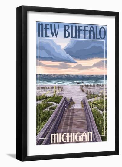 New Buffalo, Michigan - Beach Scene-Lantern Press-Framed Art Print