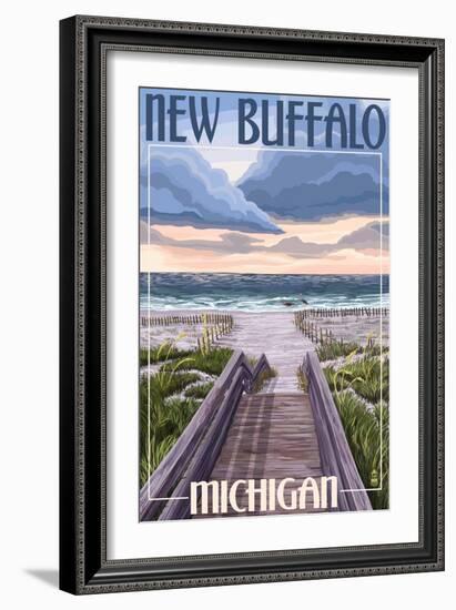 New Buffalo, Michigan - Beach Scene-Lantern Press-Framed Art Print