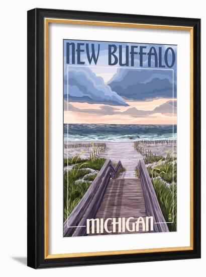 New Buffalo, Michigan - Beach Scene-Lantern Press-Framed Art Print