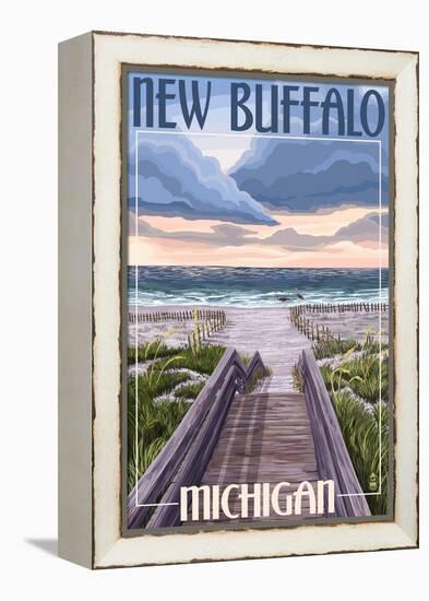 New Buffalo, Michigan - Beach Scene-Lantern Press-Framed Stretched Canvas