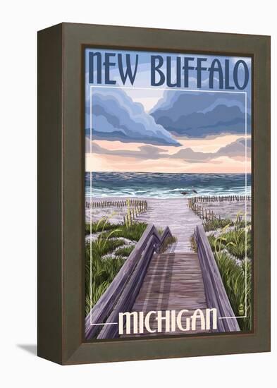 New Buffalo, Michigan - Beach Scene-Lantern Press-Framed Stretched Canvas