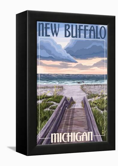 New Buffalo, Michigan - Beach Scene-Lantern Press-Framed Stretched Canvas