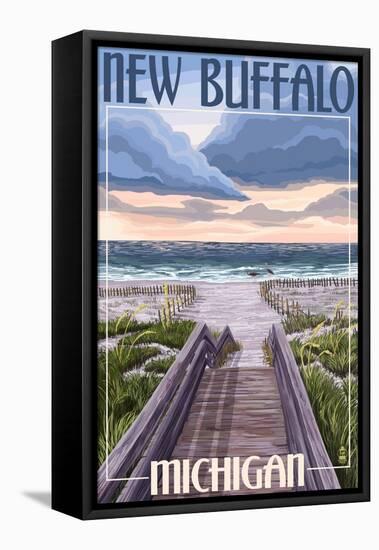 New Buffalo, Michigan - Beach Scene-Lantern Press-Framed Stretched Canvas