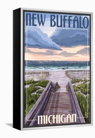 New Buffalo, Michigan - Beach Scene-Lantern Press-Framed Stretched Canvas