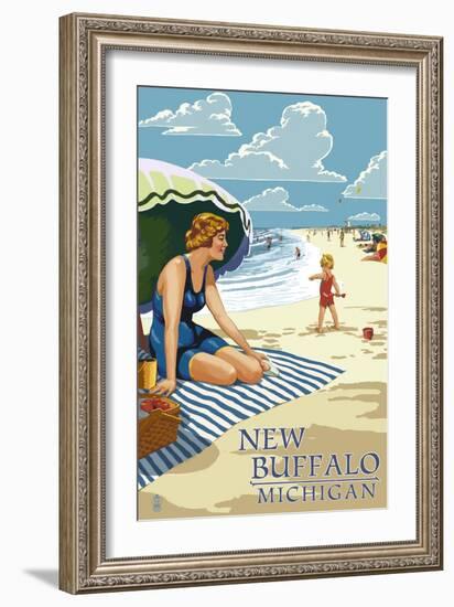 New Buffalo, Michigan - Beach Scene-Lantern Press-Framed Art Print