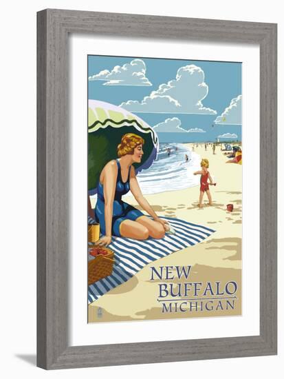 New Buffalo, Michigan - Beach Scene-Lantern Press-Framed Art Print