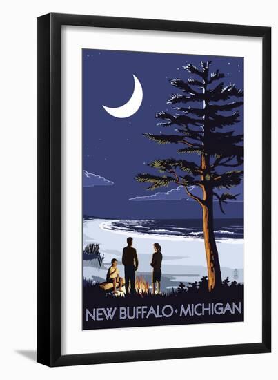 New Buffalo, Michigan - Bonfire at Night Scene-Lantern Press-Framed Art Print