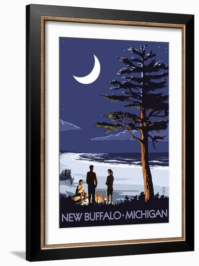 New Buffalo, Michigan - Bonfire at Night Scene-Lantern Press-Framed Art Print