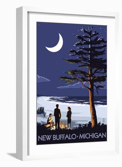 New Buffalo, Michigan - Bonfire at Night Scene-Lantern Press-Framed Art Print