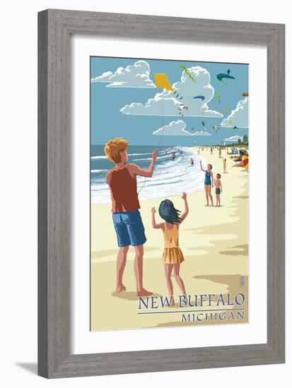 New Buffalo, Michigan - Kite Flyers-Lantern Press-Framed Art Print