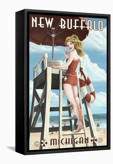 New Buffalo, Michigan - Lifeguard Pinup-Lantern Press-Framed Stretched Canvas