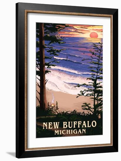 New Buffalo, Michigan - Sunset on Beach-Lantern Press-Framed Art Print