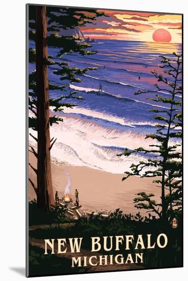 New Buffalo, Michigan - Sunset on Beach-Lantern Press-Mounted Art Print