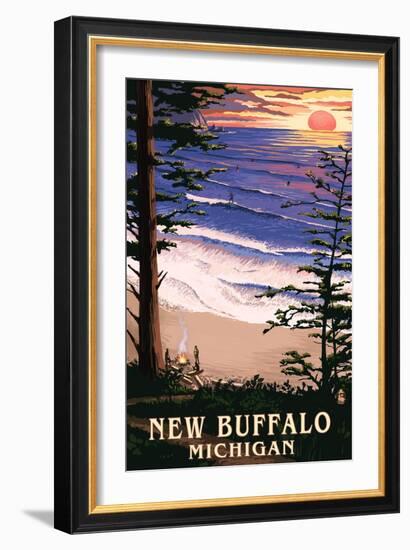 New Buffalo, Michigan - Sunset on Beach-Lantern Press-Framed Art Print