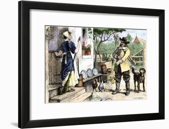 New England Colonial Couple in Farmhouse Dooryard, Late 1600s-null-Framed Giclee Print
