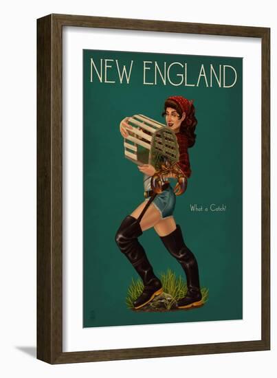 New England - Lobster Fishing Pinup-Lantern Press-Framed Premium Giclee Print