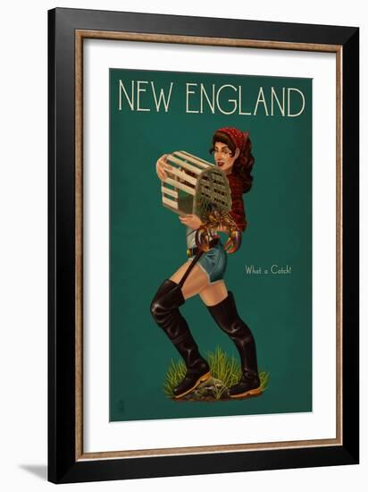 New England - Lobster Fishing Pinup-Lantern Press-Framed Premium Giclee Print