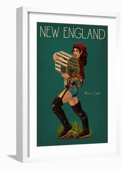 New England - Lobster Fishing Pinup-Lantern Press-Framed Premium Giclee Print