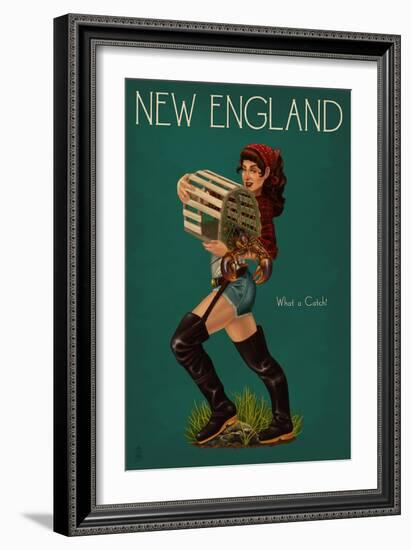 New England - Lobster Fishing Pinup-Lantern Press-Framed Premium Giclee Print