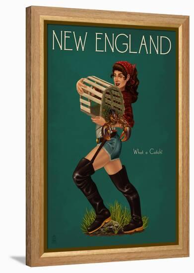 New England - Lobster Fishing Pinup-Lantern Press-Framed Stretched Canvas