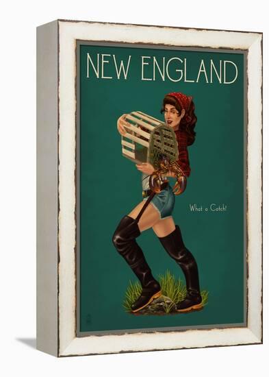 New England - Lobster Fishing Pinup-Lantern Press-Framed Stretched Canvas