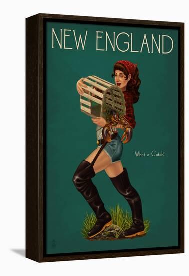 New England - Lobster Fishing Pinup-Lantern Press-Framed Stretched Canvas