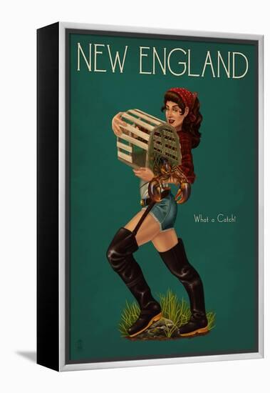 New England - Lobster Fishing Pinup-Lantern Press-Framed Stretched Canvas