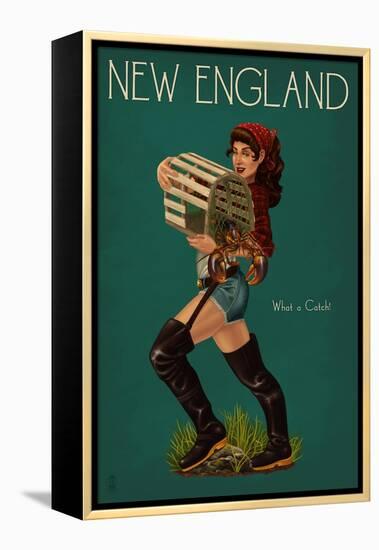 New England - Lobster Fishing Pinup-Lantern Press-Framed Stretched Canvas