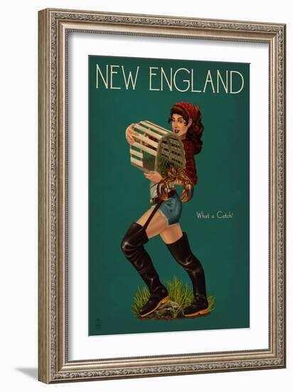 New England - Lobster Fishing Pinup-Lantern Press-Framed Art Print