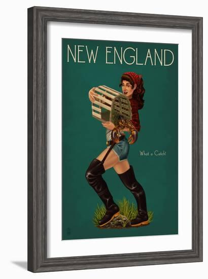 New England - Lobster Fishing Pinup-Lantern Press-Framed Art Print