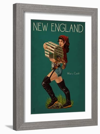 New England - Lobster Fishing Pinup-Lantern Press-Framed Art Print