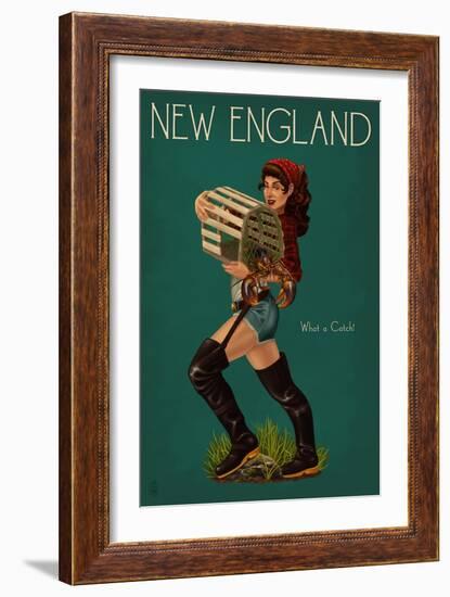 New England - Lobster Fishing Pinup-Lantern Press-Framed Art Print