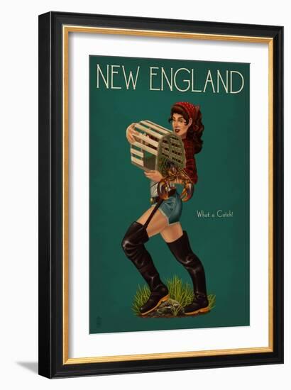 New England - Lobster Fishing Pinup-Lantern Press-Framed Art Print