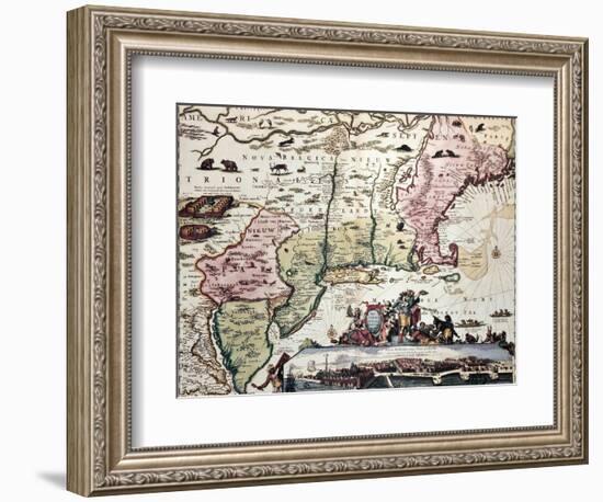 New England Old Map With New Amsterdam Insert View-marzolino-Framed Art Print