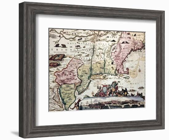 New England Old Map With New Amsterdam Insert View-marzolino-Framed Art Print