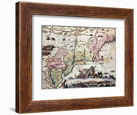 New England Old Map With New Amsterdam Insert View-marzolino-Framed Art Print