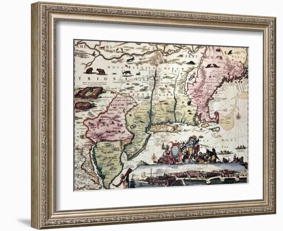 New England Old Map With New Amsterdam Insert View-marzolino-Framed Art Print