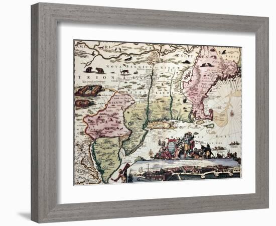 New England Old Map With New Amsterdam Insert View-marzolino-Framed Art Print