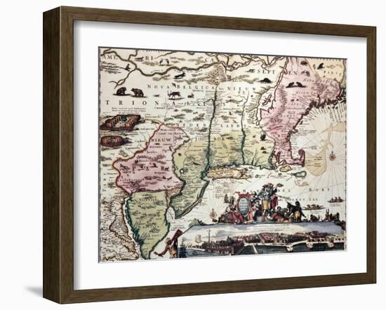 New England Old Map With New Amsterdam Insert View-marzolino-Framed Art Print