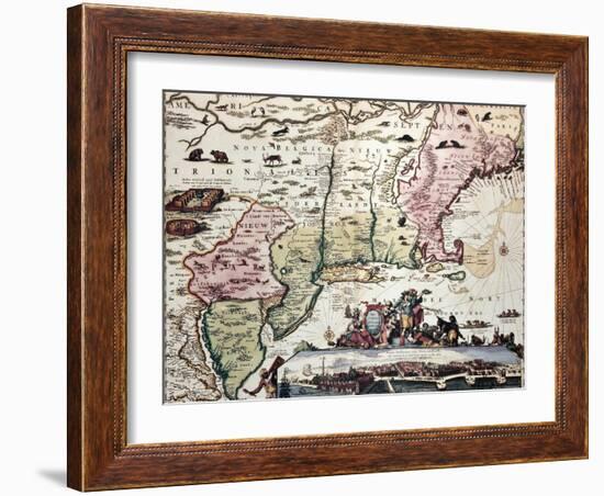 New England Old Map With New Amsterdam Insert View-marzolino-Framed Art Print